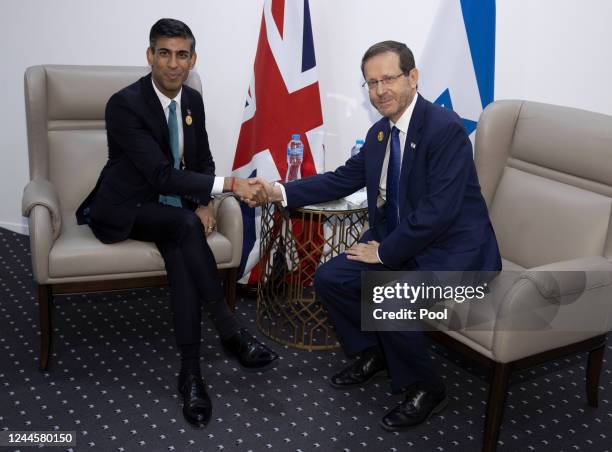 British Prime Minister Rishi Sunak meets with Israeli President, Isaac Herzog during the UNFCCC COP27 climate conference on November 7, 2022 in Sharm...