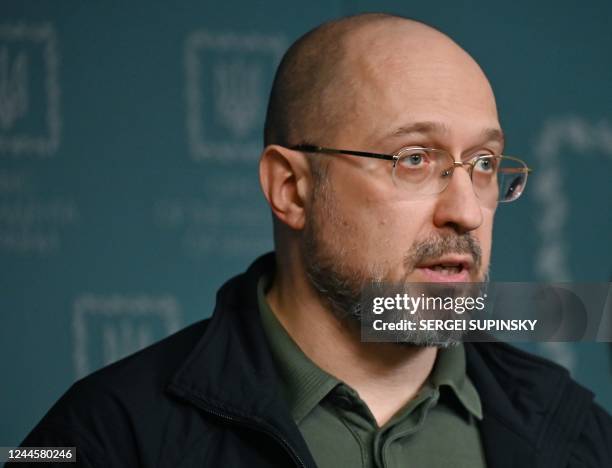 Ukrainian Prime Minister Denys Shmyhal delivers a press conference in Kyiv on November 7, 2022. - Ukraine announced it had received more air defence...