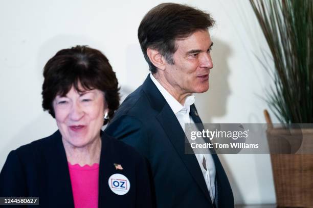 Republican U.S. Senate candidate Mehmet Oz and Sen. Susan Collins, R-Maine, attend a meeting with business leaders at Washington Crossing Inn in...