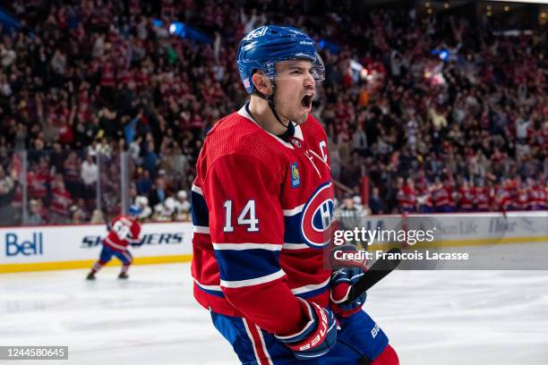 Nick Suzuki of Montreal Canadiens celebrates after scoring a goal against the Vegas Golden Knights during the third period in the NHL game at the...