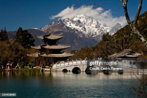 black dragon pool and jade dragon snow mountain - montagna del dragone di giada foto e immagini stock