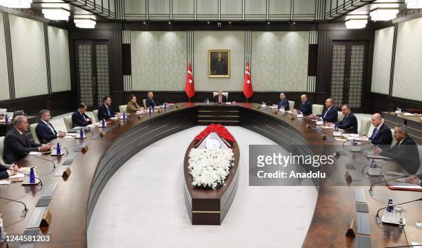 Turkish President Recep Tayyip Erdogan chairs cabinet meeting in Ankara, Turkiye on November 07, 2022. Turkish Minister of National Defense Hulusi...