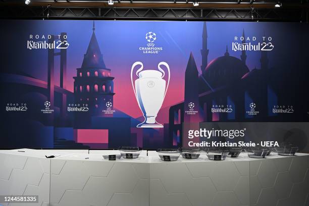 View of the stage during the UEFA Champions League 2022/23 Round of 16 draw at the UEFA Headquarters, The House of the European Football, on November...