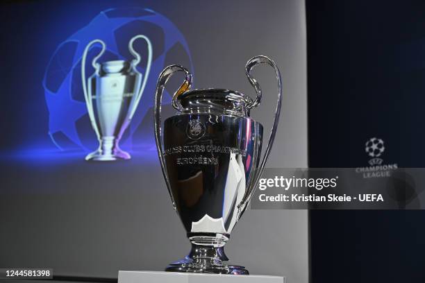 View of the UEFA Champions League trophy during the UEFA Champions League 2022/23 Round of 16 draw at the UEFA Headquarters, The House of the...