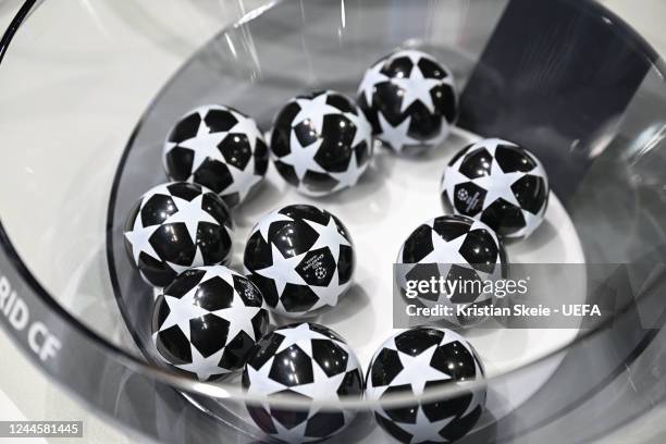 View of the draw balls during the UEFA Champions League 2022/23 Round of 16 draw at the UEFA Headquarters, The House of the European Football, on...