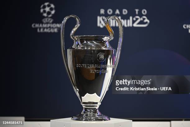 View of the UEFA Champions League trophy during the UEFA Champions League 2022/23 Round of 16 draw at the UEFA Headquarters, The House of the...