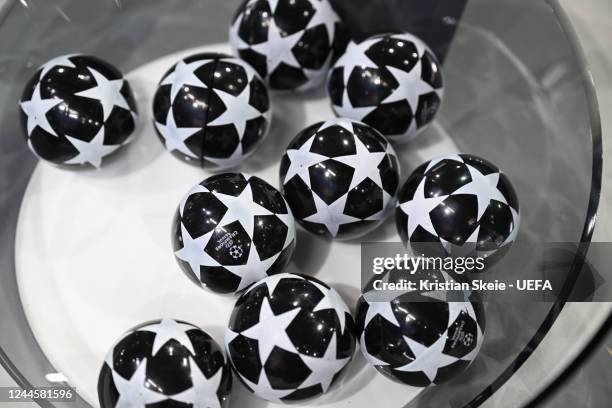 View of the draw balls during the UEFA Champions League 2022/23 Round of 16 draw at the UEFA Headquarters, The House of the European Football, on...