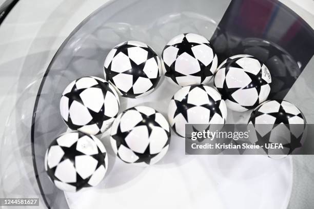 View of the draw balls during the UEFA Champions League 2022/23 Round of 16 draw at the UEFA Headquarters, The House of the European Football, on...