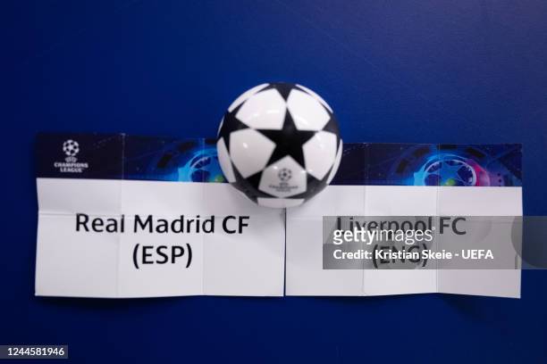 Detailed view of the cards of Real Madrid CF and Liverpool FC, the UEFA Champions League Round of 16 match, during the UEFA Champions League 2022/23...
