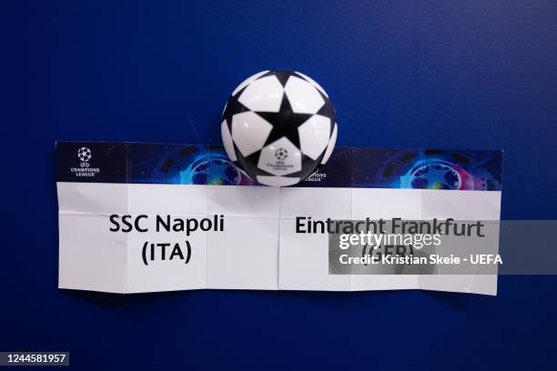 Detailed view of the cards of SSC Napoli and Eintracht Frankfurt, the UEFA Champions League Round of 16 match, during the UEFA Champions League...