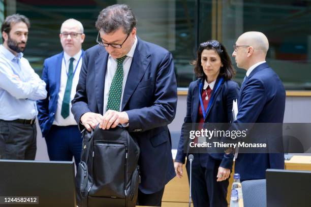 Italian Minister Economy & Finance, member of the League Giancarlo Giorgetti attends an Eurogroup ministers meeting in the Europa, the EU Council...