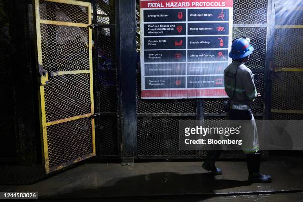 Worker exits the Henderson shaft elevator underground at the Mufulira mine, operated by Mopani Copper Mines Plc, in Mufulira, Zambia, on Friday, May...