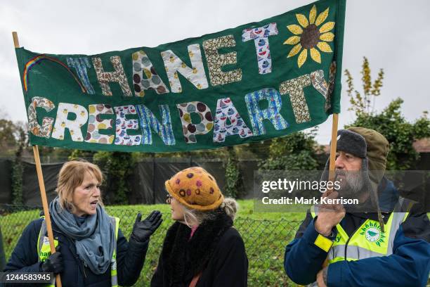 Members of Thanet Green Party protest outside Manston asylum centre to call for the processing centre to be closed down on 6 November 2022 in...