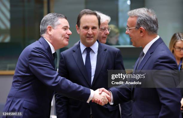 Portuguese Finance Minister Fernando Medina , Greek Finance Minister Christos Staikouras Eurogroup President Paschal Donohe attend Eurogroup Finance...