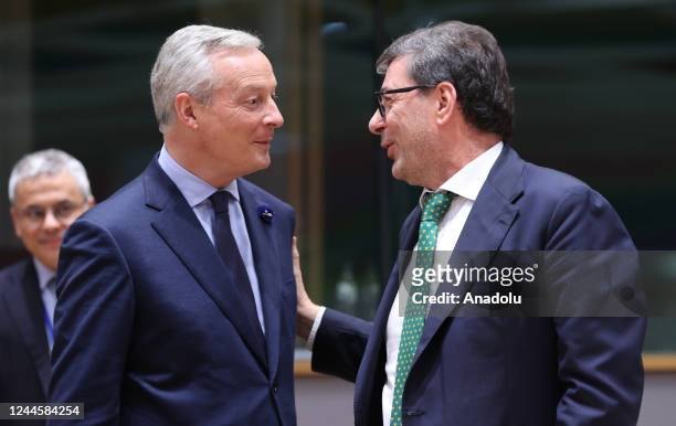 French Minister of Economy and Finance Bruno Le Maire and Italian Minister of Economy and Finance Giancarlo Giorgetti attend the Eurozone Finance...
