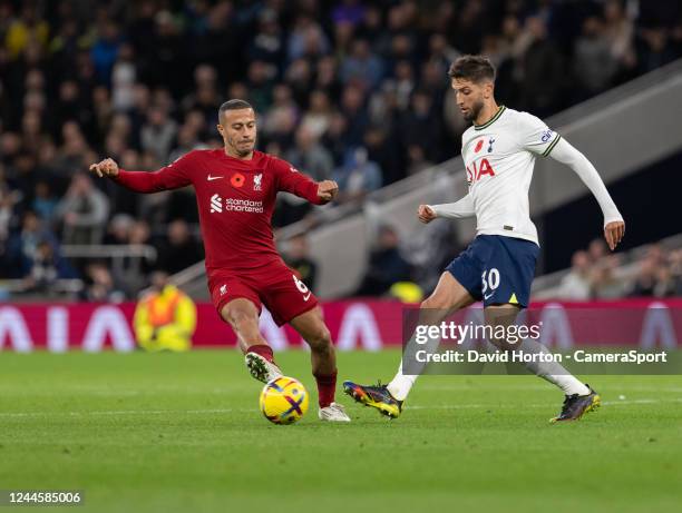 Liverpool's Thiago Alcantara and Tottenham Hotspur's Rodrigo Bentancur during the Premier League match between Tottenham Hotspur and Liverpool FC at...