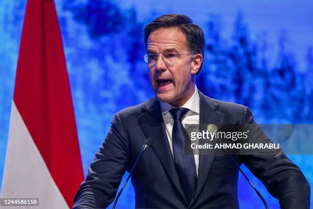 The Netherlands' Prime Minister Mark Rutte delivers a speech at the leaders summit of the COP27 climate conference at the Sharm el-Sheikh...