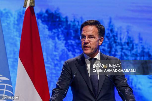 The Netherlands' Prime Minister Mark Rutte delivers a speech at the leaders summit of the COP27 climate conference at the Sharm el-Sheikh...