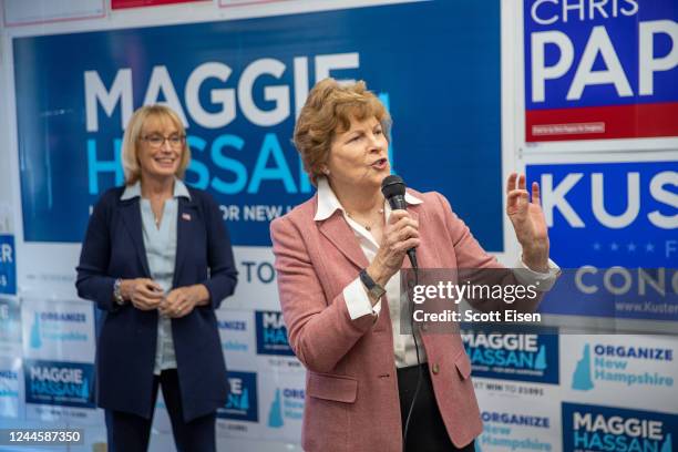 Sen. Jeanne Shaheen speaks alongside U.S. Senator Maggie Hassan during an election eve campaign event on November 07, 2022 in Manchester, New...