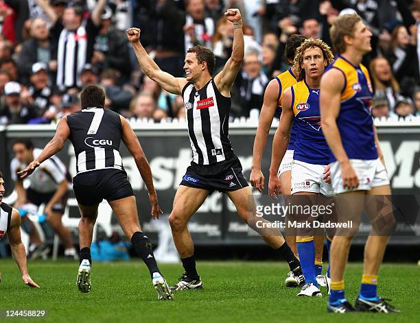 Luke Ball of the Magpies celebrates kicking a goal during the AFL First Qualifying match between the Collingwood Magpies and the West Coast Eagles at...