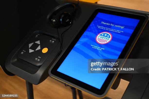 An electronic Voting Solutions for All People ballot marking machine shows a thanks for voting message after a voter cast a ballot for the midterm...