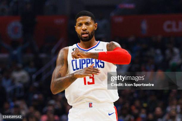 Clippers guard Paul George celebrates during a NBA game between the Utah Jazz and the Los Angeles Clippers on November 6, 2022 at Crypto.com Arena in...