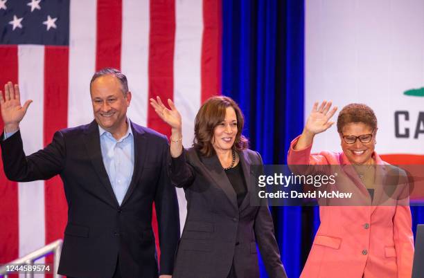 Second gentleman of the United States Douglas Emhoff, Vice President Kamala Harris and Los Angeles mayoral candidate Congressmember Karen Bass...