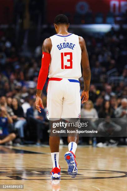 Clippers guard Paul George walks during a NBA game between the Utah Jazz and the Los Angeles Clippers on November 6, 2022 at Crypto.com Arena in Los...