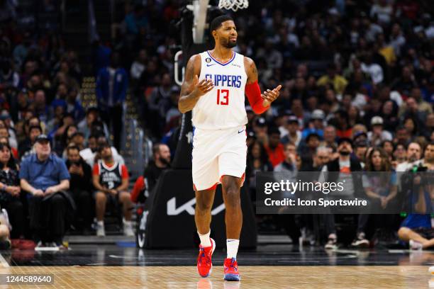 Clippers guard Paul George reacts during a NBA game between the Utah Jazz and the Los Angeles Clippers on November 6, 2022 at Crypto.com Arena in Los...
