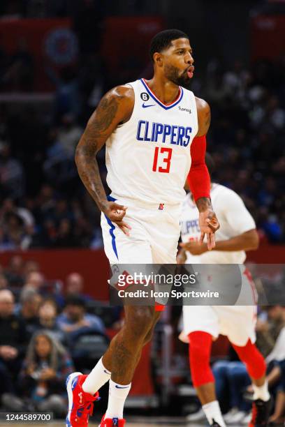 Clippers guard Paul George celebrates during a NBA game between the Utah Jazz and the Los Angeles Clippers on November 6, 2022 at Crypto.com Arena in...