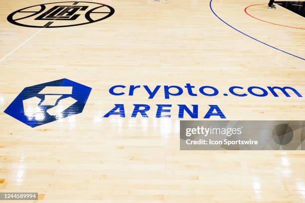 Detail view of crypto.com Arena logo on the court during a NBA game between the Utah Jazz and the Los Angeles Clippers on November 6, 2022 at...