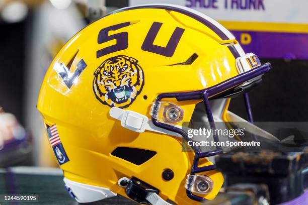 An LSU Tigers helmet rests on the sideline during a game between the Alabama Crimson Tide and the LSU Tigers on November 05 at Tiger Stadium in Baton...