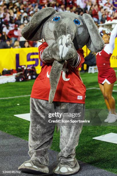 The Alabama Crimson Tide mascot Big Al entertains the crowd during a game at Tiger Stadium during a game between the Alabama Crimson Tide and the LSU...