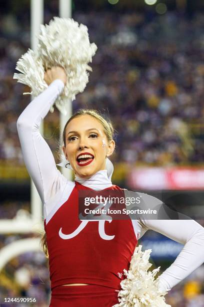 The Alabama Crimson Tide cheerleaders entertain the crowd during a game at Tiger Stadium during a game between the Alabama Crimson Tide and the LSU...