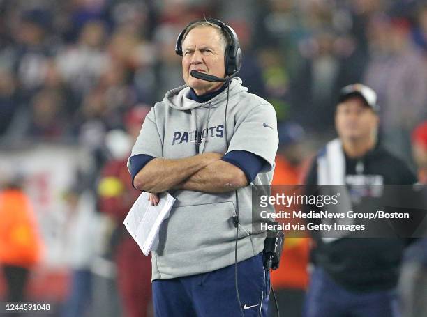 October 24: New England Patriots head coach Bill Belichick during the first half of the NFL game against the Chicago Bears at Gillette Stadium on...