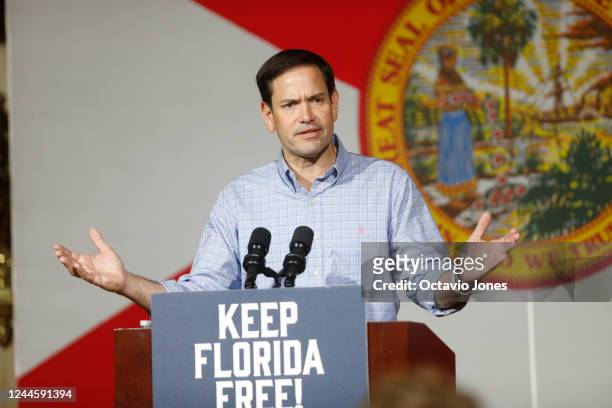 Sen. Marco Rubio speaks at a rally at the Cheyenne Saloon on November 7, 2022 in Orlando, Florida. Rubio faces in his reelection bid Democratic U.S....
