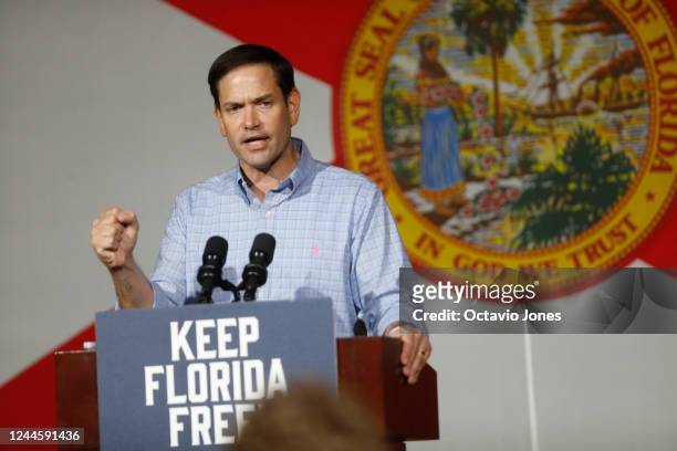 Sen. Marco Rubio speaks at a rally at the Cheyenne Saloon on November 7, 2022 in Orlando, Florida. Rubio faces in his reelection bid Democratic U.S....