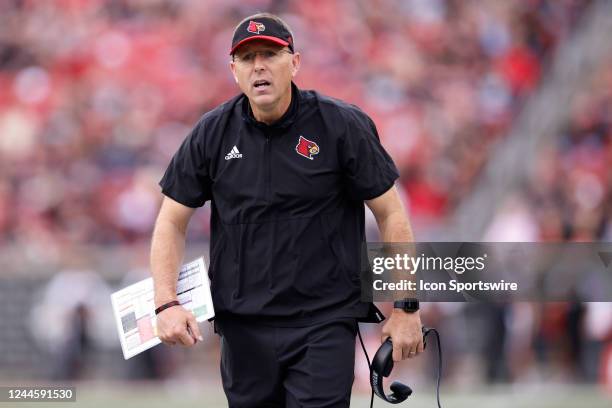 Louisville Cardinals head coach Scott Satterfield reacts during a college football game against the Wake Forest Demon Deacons on October 29, 2022 at...