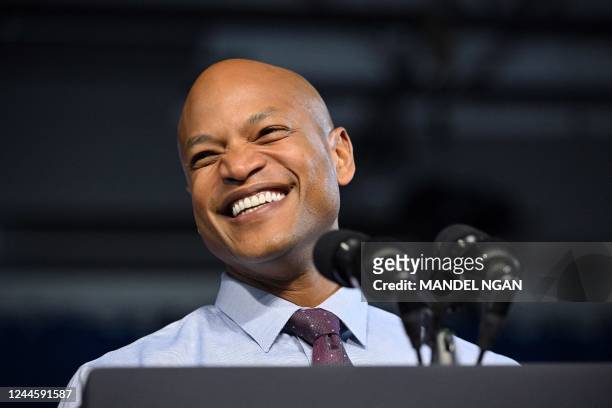 Gubernatorial candidate Wes Moore speaks during a rally with US President Joe Biden and US First Lady Jill Biden during a rally on the eve of the US...