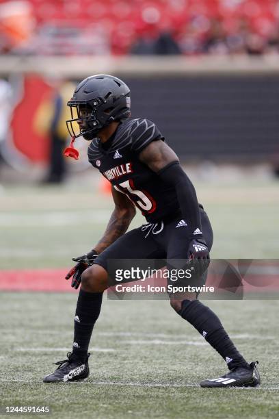 Louisville Cardinals defensive back Kei'Trel Clark lines up on defense during a college football game against the Wake Forest Demon Deacons on...