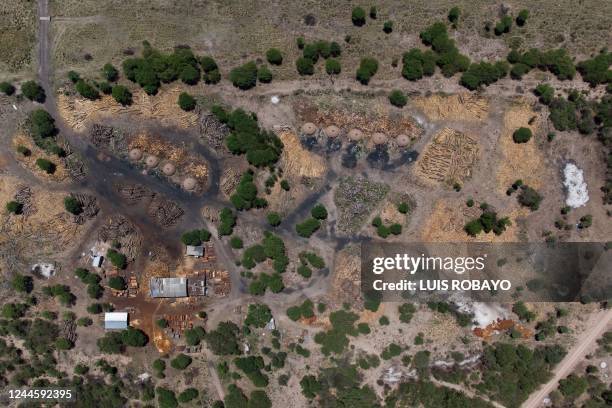 Aerial view of a factory for the production of charcoal with wood on the outskirts of Juan Jose Castelli, Chaco province, Argentina, taken on October...