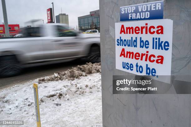 Sticker in Anchorage warns of voter fraud on November 07, 2022 in Anchorage, Alaska. In one of the more closely watched contests in the state,...
