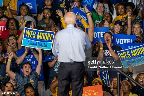 President Joe Biden greets supporters at a campaign rally for Democratic gubernatorial candidate Wes Moore at Bowie State University on November 7,...