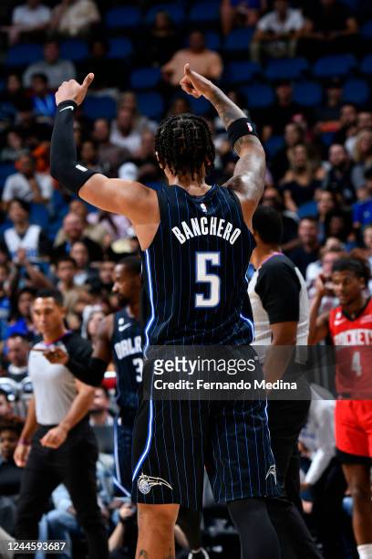 Paolo Banchero of the Orlando Magic stands on the court during the game against the Houston Rockets on November 7, 2022 at Amway Center in Orlando,...
