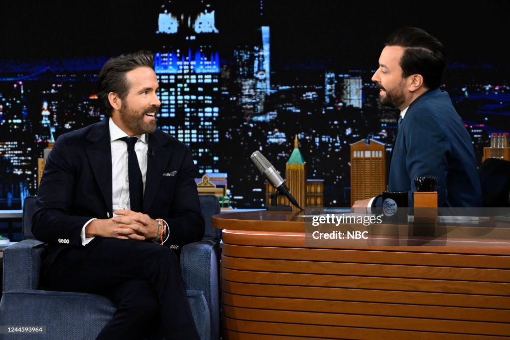 Jimmy Fallon Roles Actor Ryan Reynolds during an interview with host Jimmy Fallon on ...