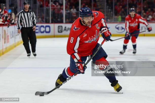 Alex Ovechkin of the Washington Capitals takes a shot on net during a game against the Edmonton Oilers at Capital One Arena on November 7, 2022 in...