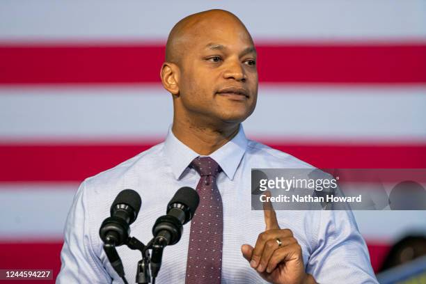 Democratic gubernatorial candidate Wes Moore speaks at a campaign rally at Bowie State University on November 7, 2022 in Bowie, Maryland. Moore faces...