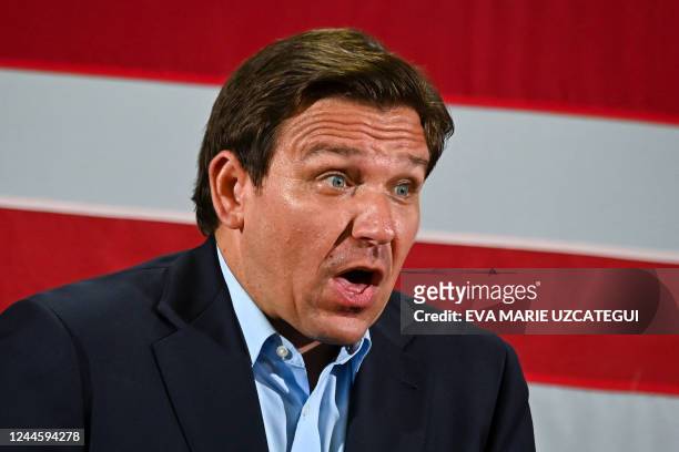 Florida Governor Ron DeSantis speaks during a "Unite and Win" event as he campaigns for re-electionon the eve of the US midterm elections, at Hialeah...