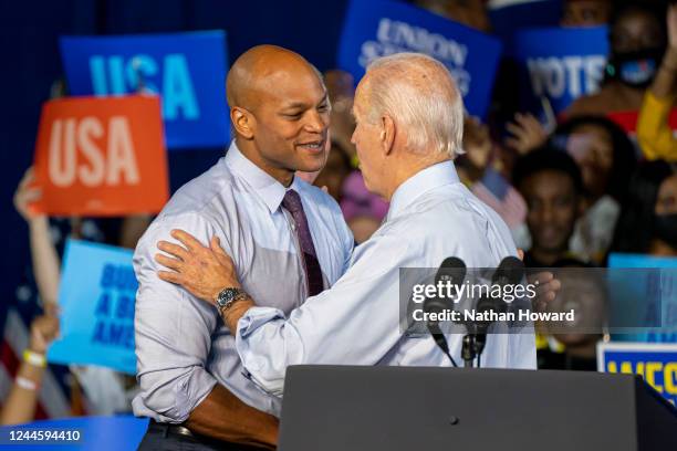 Democratic gubernatorial candidate Wes Moore greets U.S. President Joe Biden at a campaign rally at Bowie State University on November 7, 2022 in...