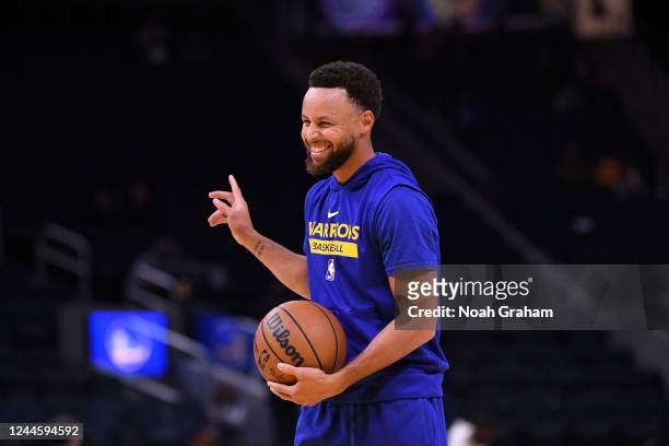 Stephen Curry of the Golden State Warriors smiles before the game against the Sacramento Kings on November 7, 2022 at Chase Center in San Francisco,...